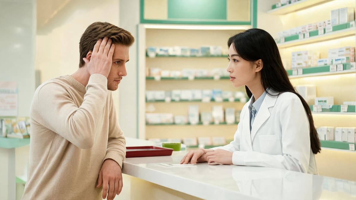 Bright clean modern Shanghai pharmacy interior, a European man in his thirties gently touc