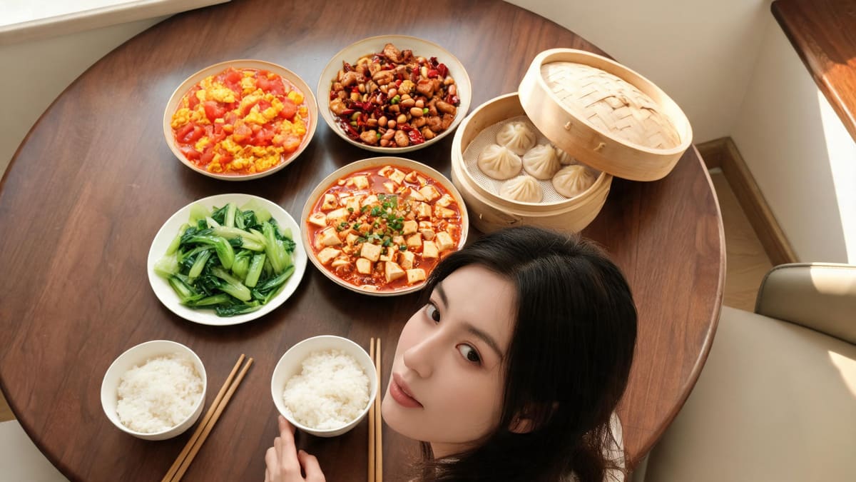 An overhead flat lay of a shared Chinese meal on a round wooden table  Kung Pao chicken, t
