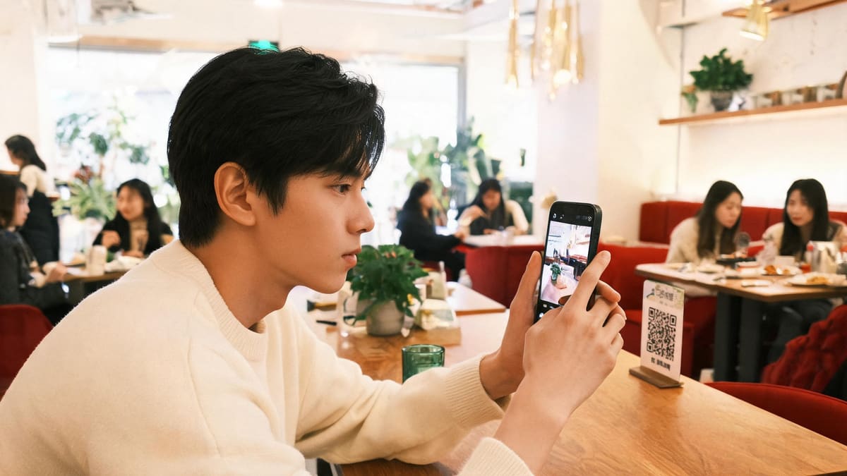 A young East Asian man at a modern casual Shanghai restaurant scanning a small QR code sti