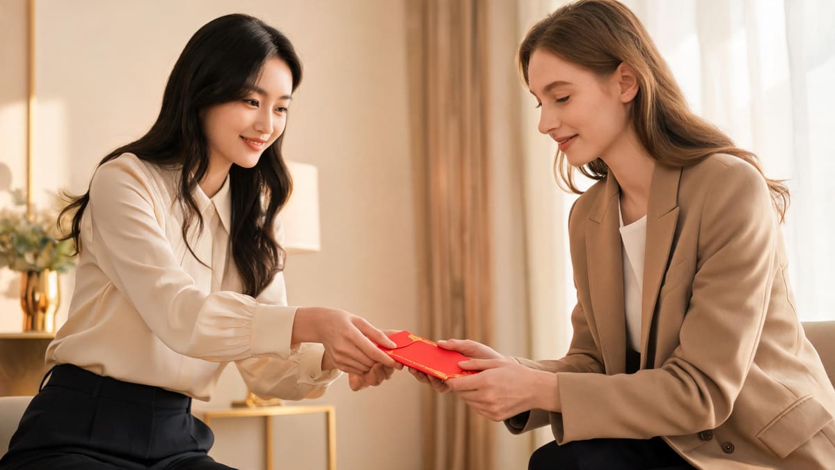 A person handing over a bright red Chinese hongbao envelope with both hands to another per