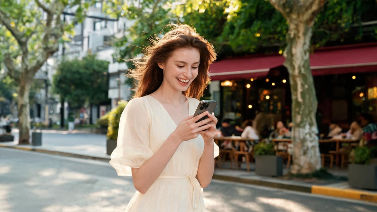 Woman on a leafy Shanghai street smiling as she uses an app on her smartphone