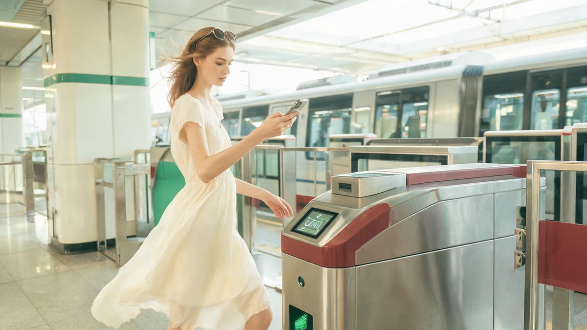 Traveller in a summer dress tapping her phone at a Shanghai metro fare gate as a train waits behind