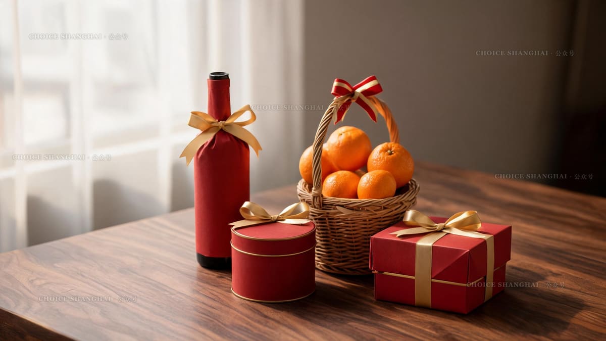 A host gift set on a table in Shanghai: a bottle of wine, a tin of loose-leaf tea, a fruit basket and wrapped pastries