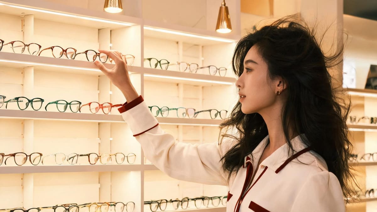 上海のメガネ店の壁一面に並ぶデザイナーフレームと、一本を調整するスタッフ