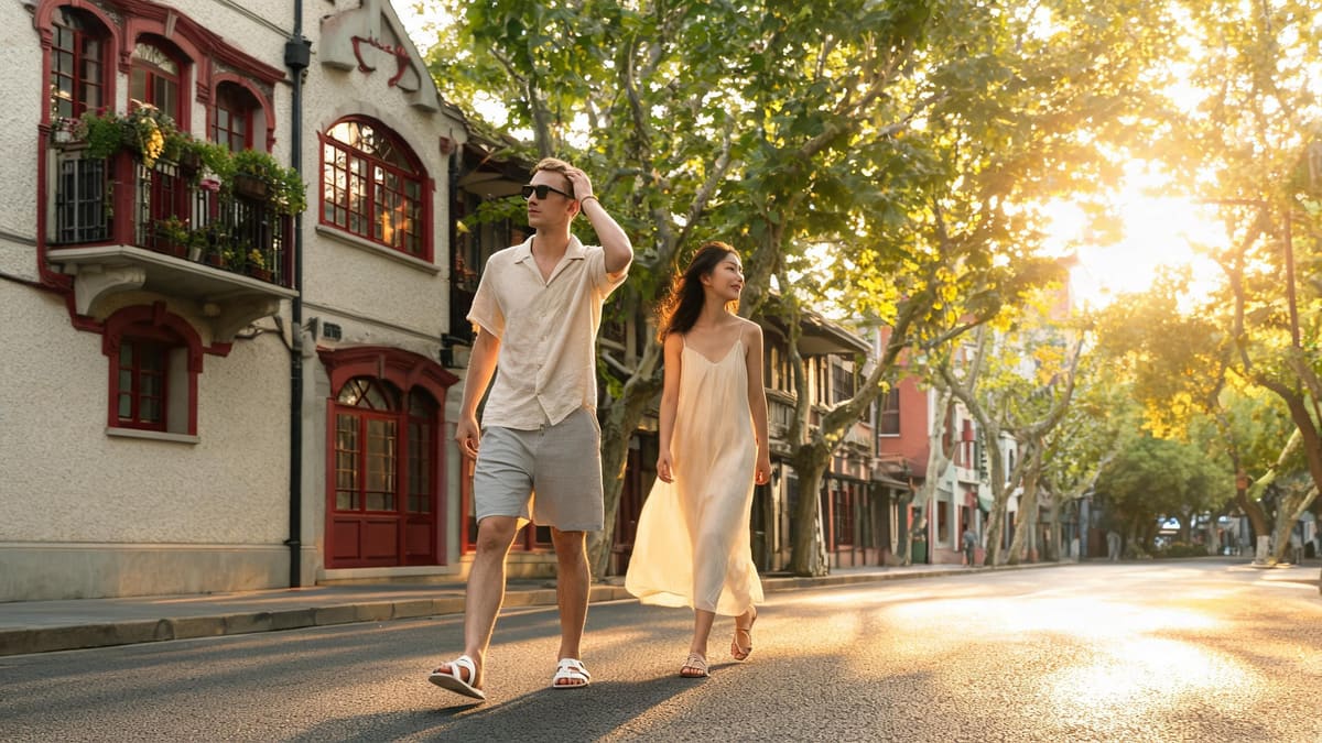 A quiet Shanghai street at golden hour during the holiday