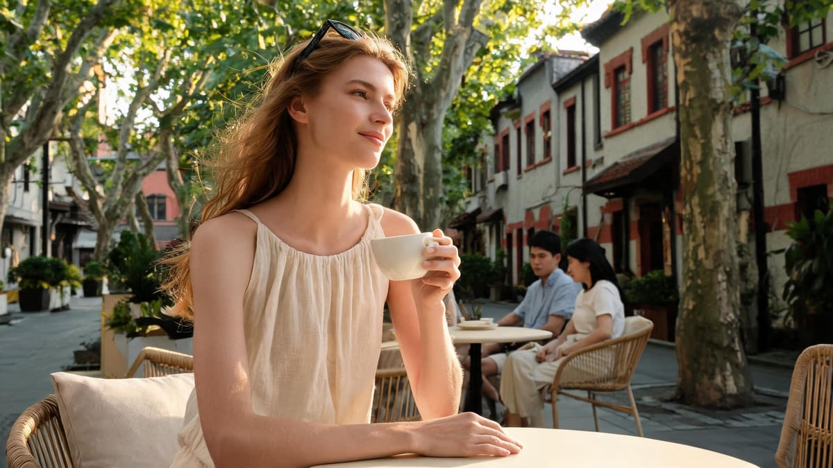 A woman enjoying a calm coffee on a quiet Shanghai terrace during the holiday