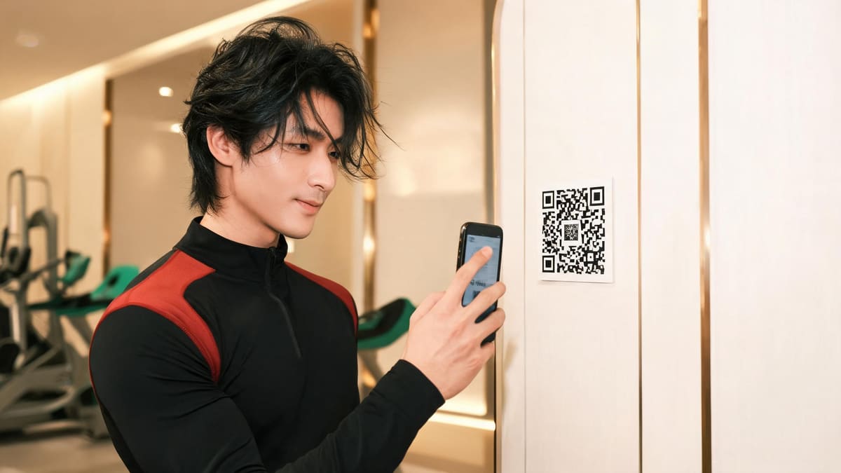 上海の24時間スマートジムでQRコードをかざして入室する男性