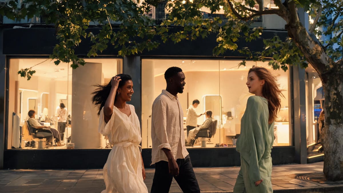 Friends walking past a lit Shanghai salon on a summer evening after a haircut