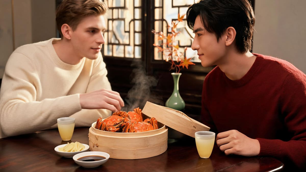 A crab house table in Shanghai with a bamboo steamer of hairy crabs and warm yellow rice wine
