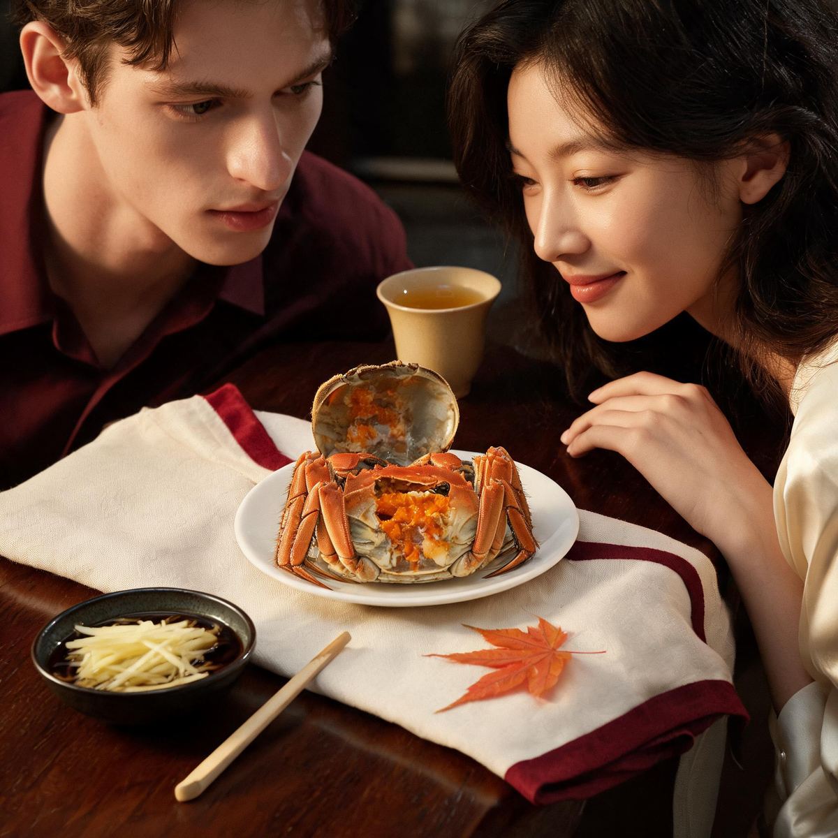 An opened hairy crab showing orange roe, with shredded ginger in dark vinegar