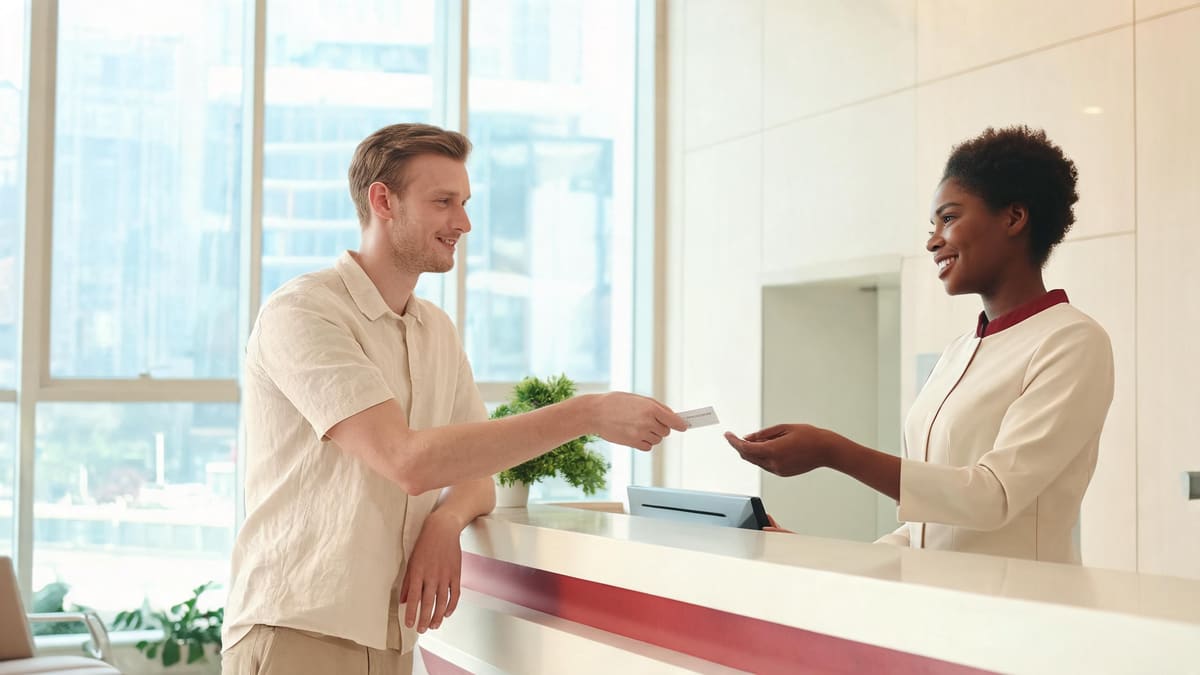 Patient handing a card at an international hospital reception in Shanghai