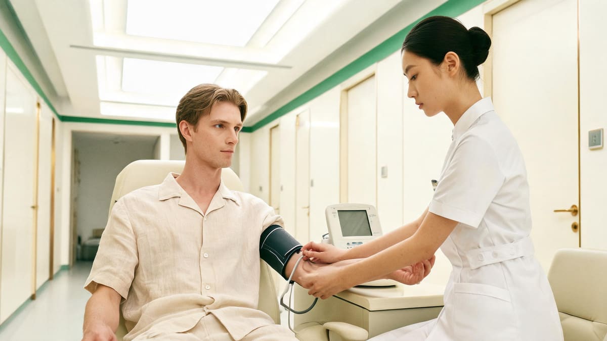 A nurse measuring a patient blood pressure during the Shanghai work-permit health-check circuit