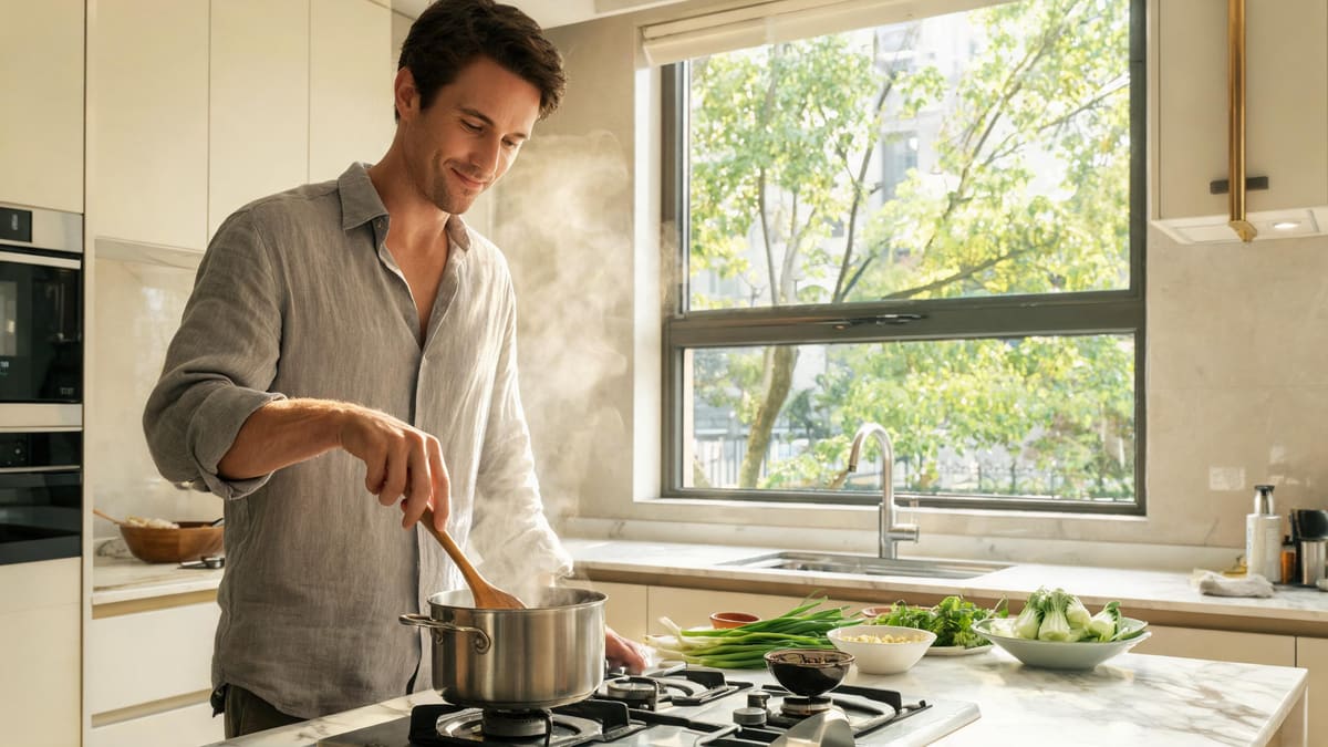 A man cooking a familiar home dish in his Shanghai kitchen, one of the fastest cures for a homesick evening