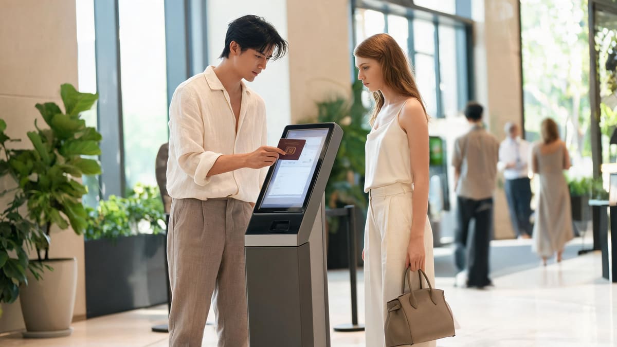 A traveller scanning his passport at a hotel self check-in kiosk