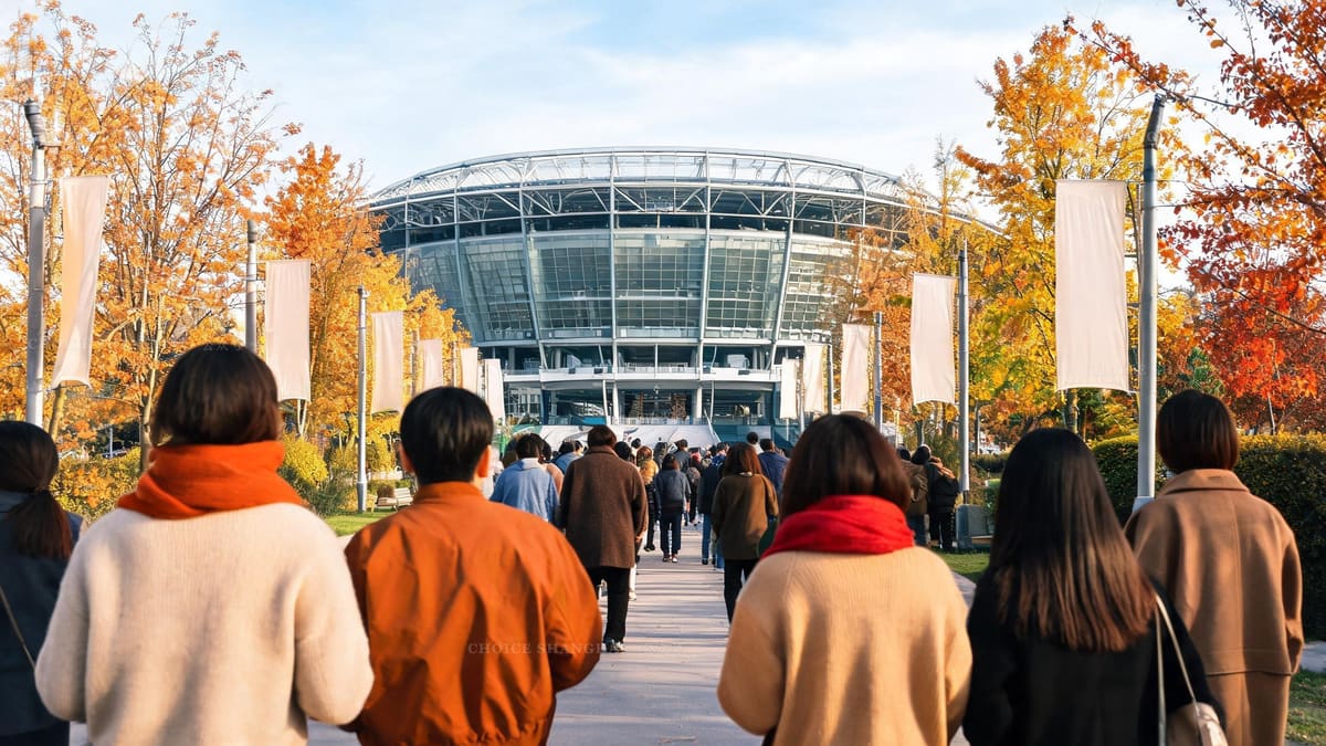 Spectators in autumn coats walking toward the Qizhong tennis arena in Shanghai on an October afternoon