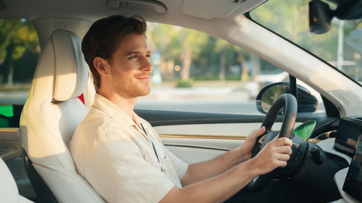 A relaxed driver at the wheel of a car on a sunny Shanghai street