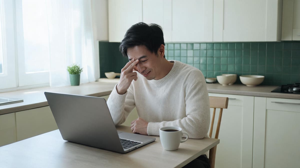 上海の自宅のダイニングテーブルで、ノートパソコンを開いて年度確定申告を進める男性