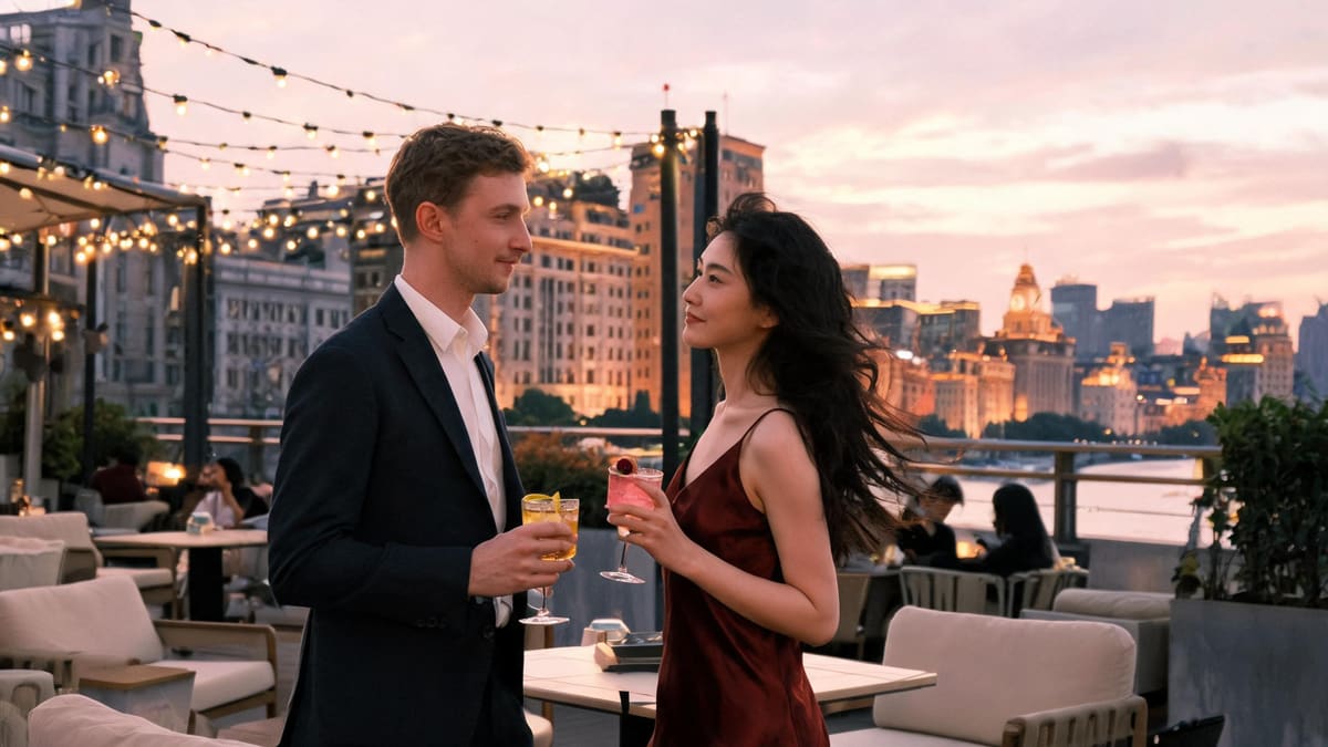 An elegant Shanghai rooftop bar at dusk with the skyline behind