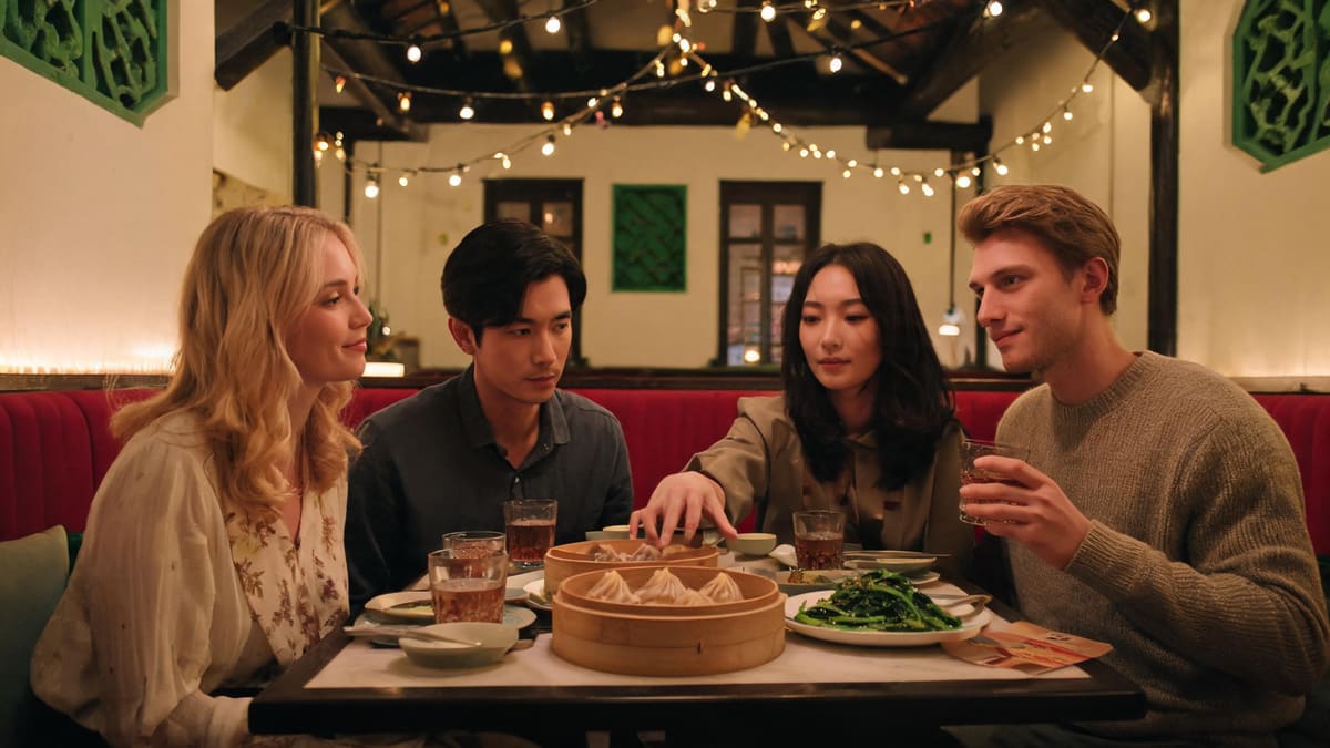 Friends sharing dumplings and drinks at a cozy Shanghai restaurant