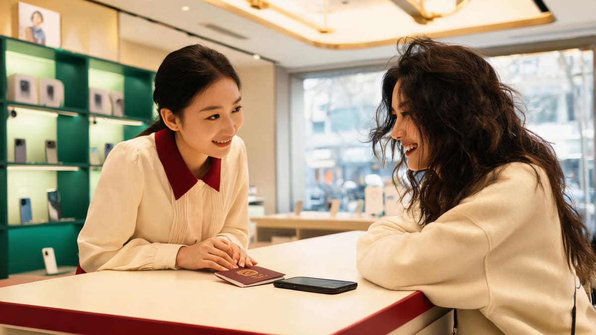 上海の通信キャリアの店舗で、China Unicomの店員とブロードバンドを契約する外国人客