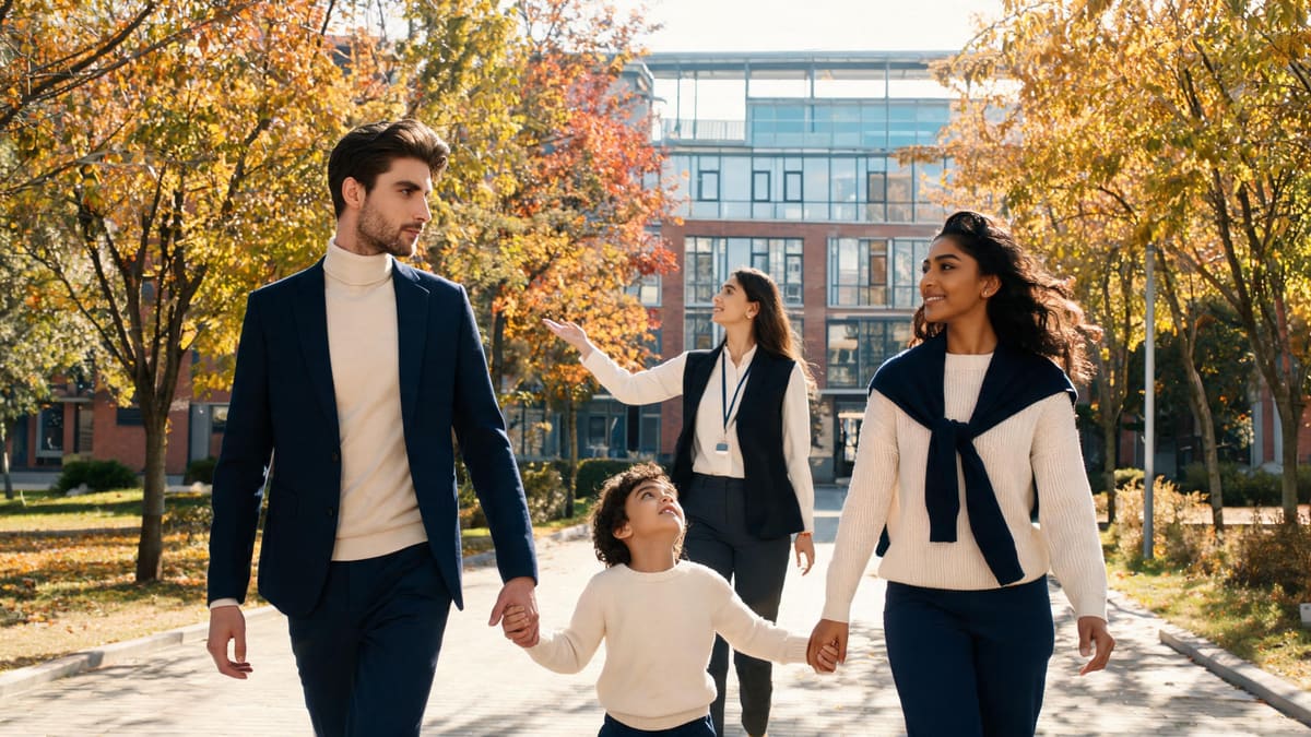 Family touring a Shanghai international school campus with an admissions guide on an autumn open day