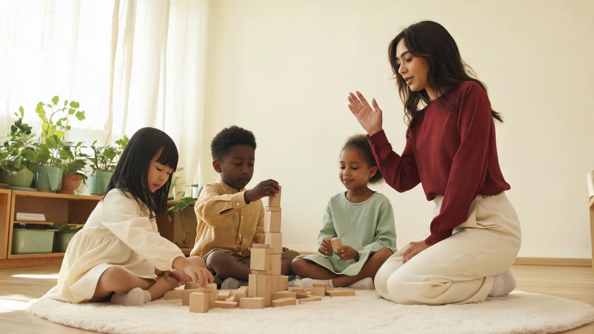 Small children building with wooden blocks on a rug while a teacher kneels beside them in a bright preschool classroom
