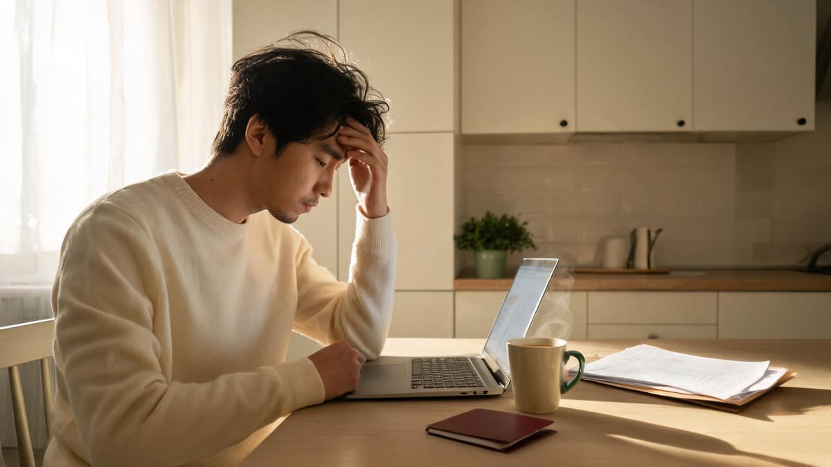 A father at a kitchen table with a laptop, a folder of documents and a passport early in the morning