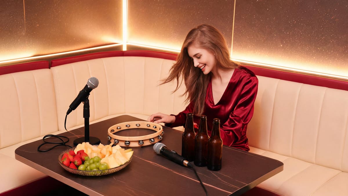 A private karaoke room table in Shanghai with a tambourine, fruit platter, drinks and two microphones under neon light