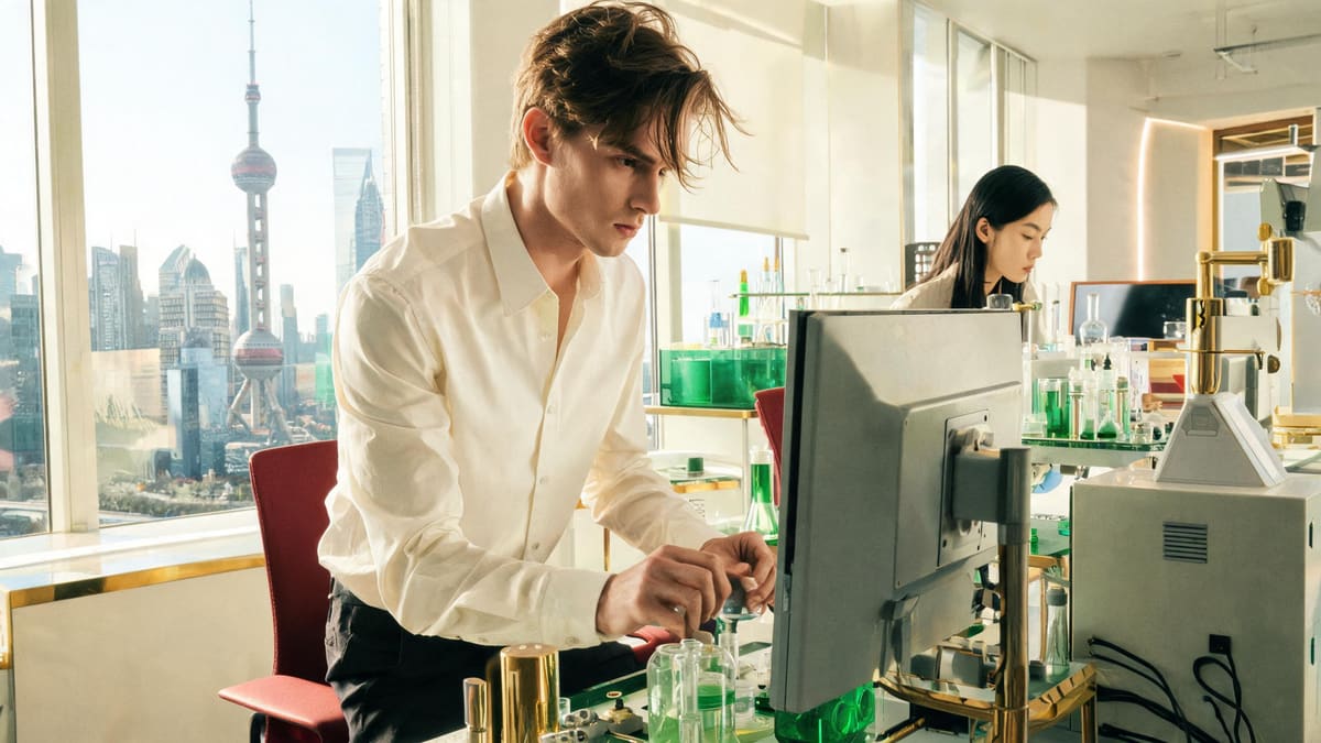 A young science and technology researcher at work in a bright modern Shanghai lab with the skyline behind
