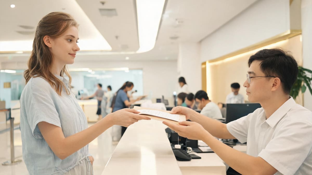 A woman handing a folder of documents across a service counter to a staff member in Shanghai
