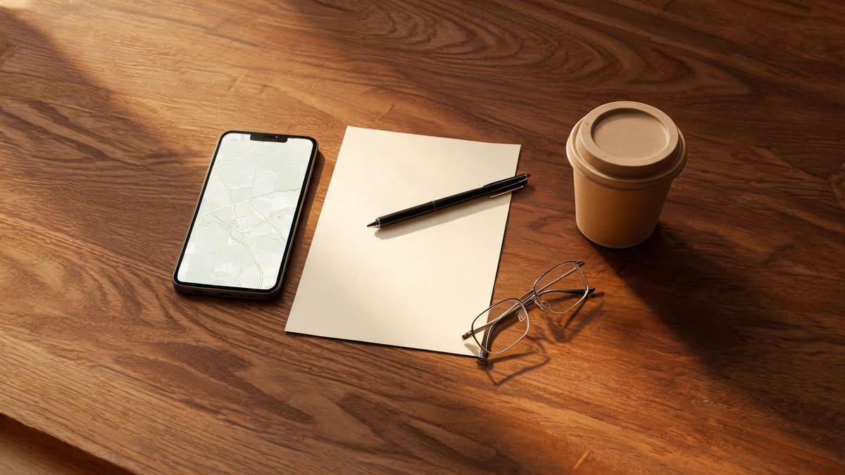 A phone showing a map beside a blank form, a pen, glasses and a coffee on a wooden desk