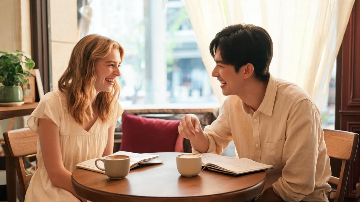 上海のカフェの言語交換で、コーヒーとノートを前に笑い合う二人