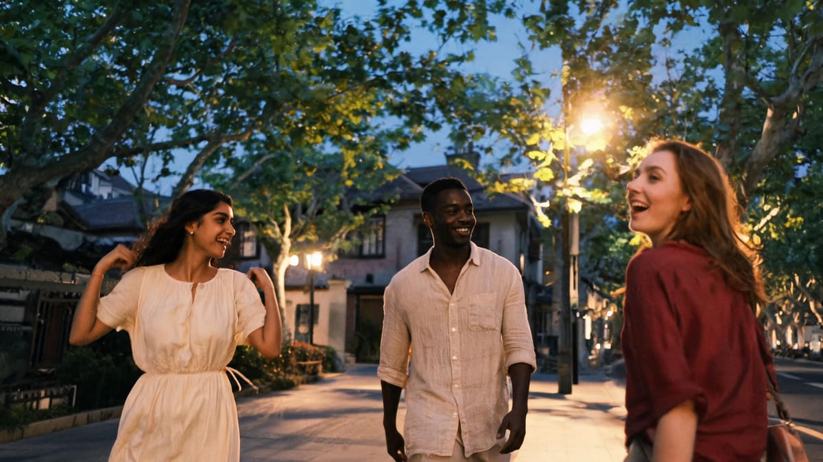 Three friends walking home along a leafy Shanghai street on a summer evening