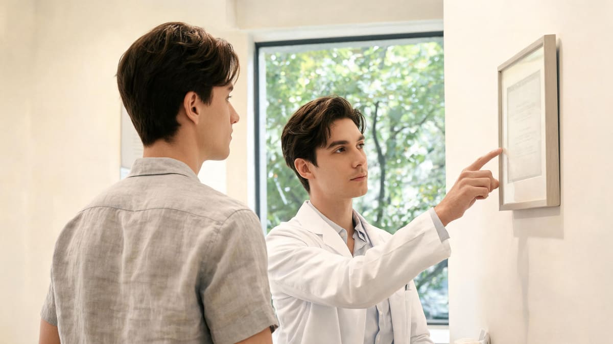 A doctor pointing out the clinic licence framed on the wall to a client