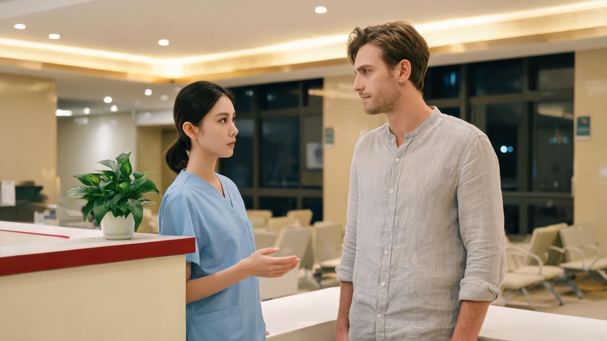 A nurse and an international patient at a calm bilingual hospital reception desk in Shanghai at night