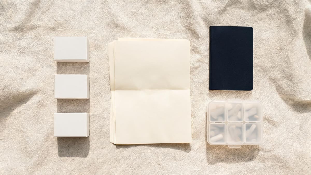 A tidy flat-lay of medicine boxes, a doctor's letter, a passport and a weekly pill organiser