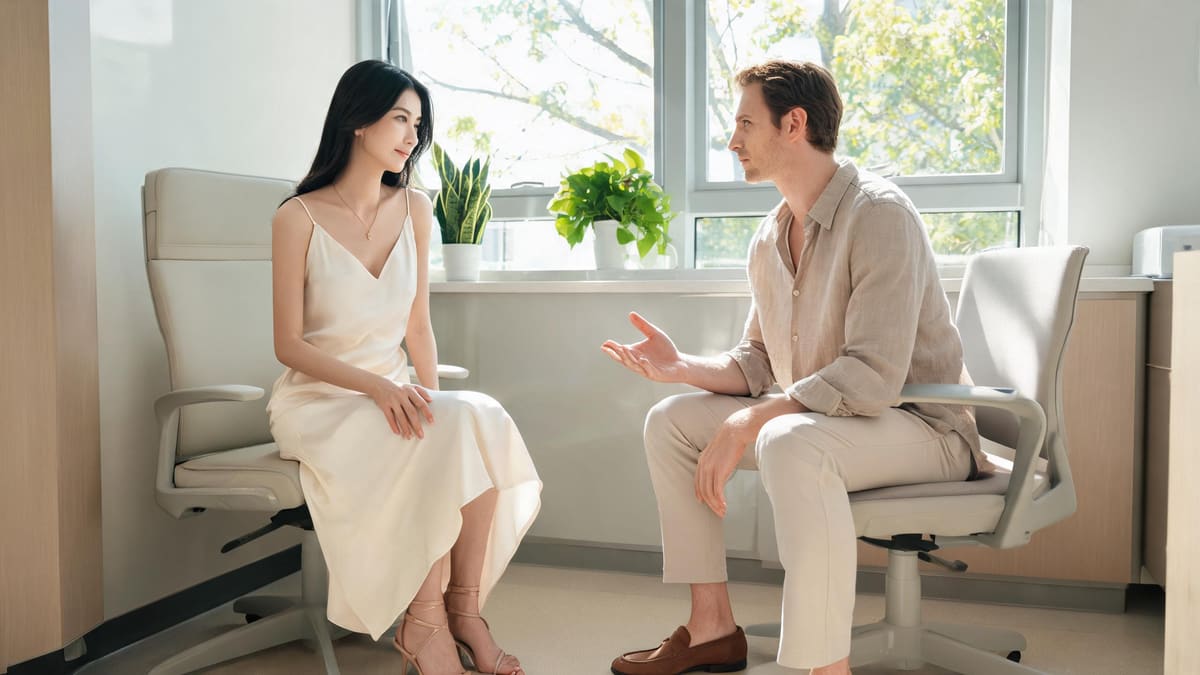 A patient talking with a doctor in a bright Shanghai hospital consultation room