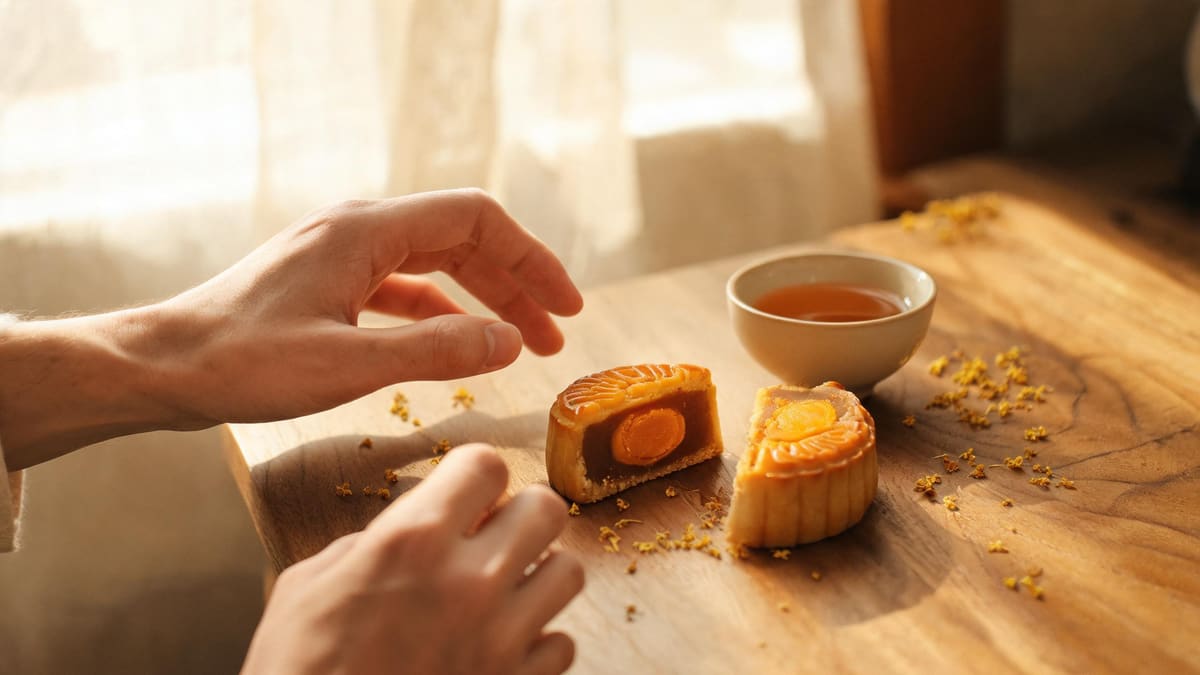 A single mooncake cut open to show the golden yolk beside osmanthus blossoms and tea