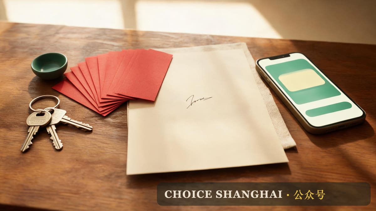 Apartment keys, a fan of red 100-yuan notes and a signed tenancy lease on a wooden table