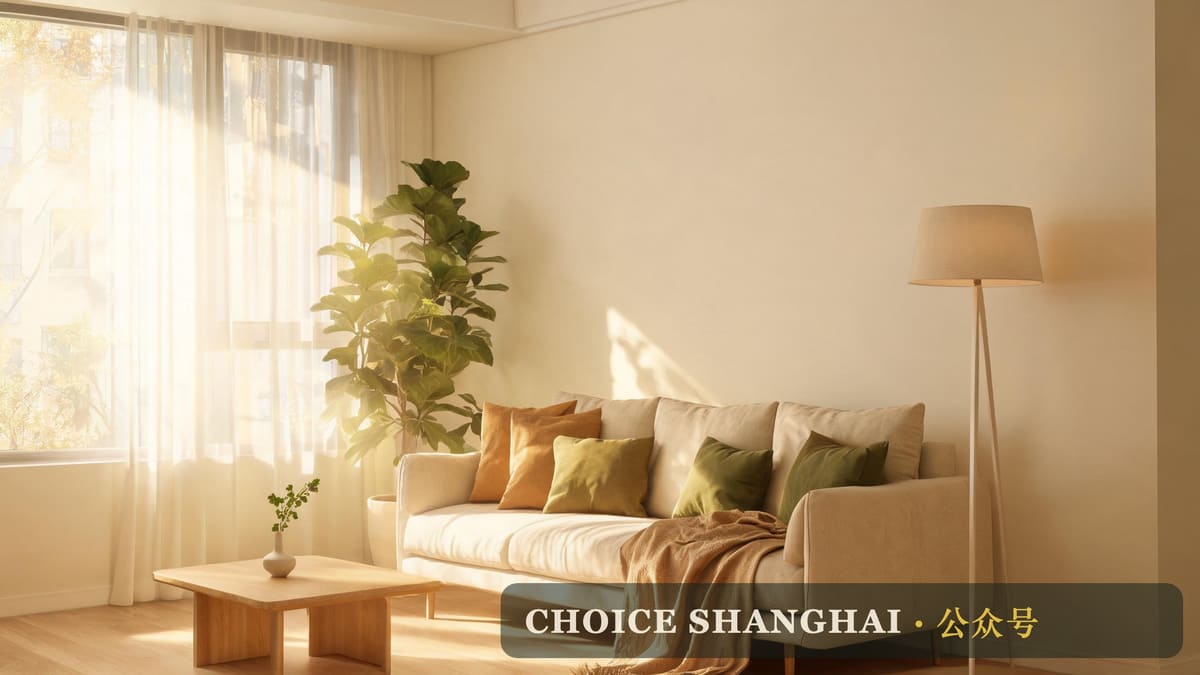 A cozy furnished small Shanghai apartment living room in warm afternoon light