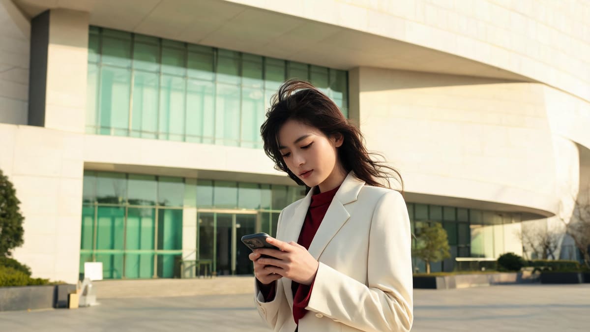 입구 앞에서 휴대폰으로 상하이 박물관 티켓을 예약하는 여행자