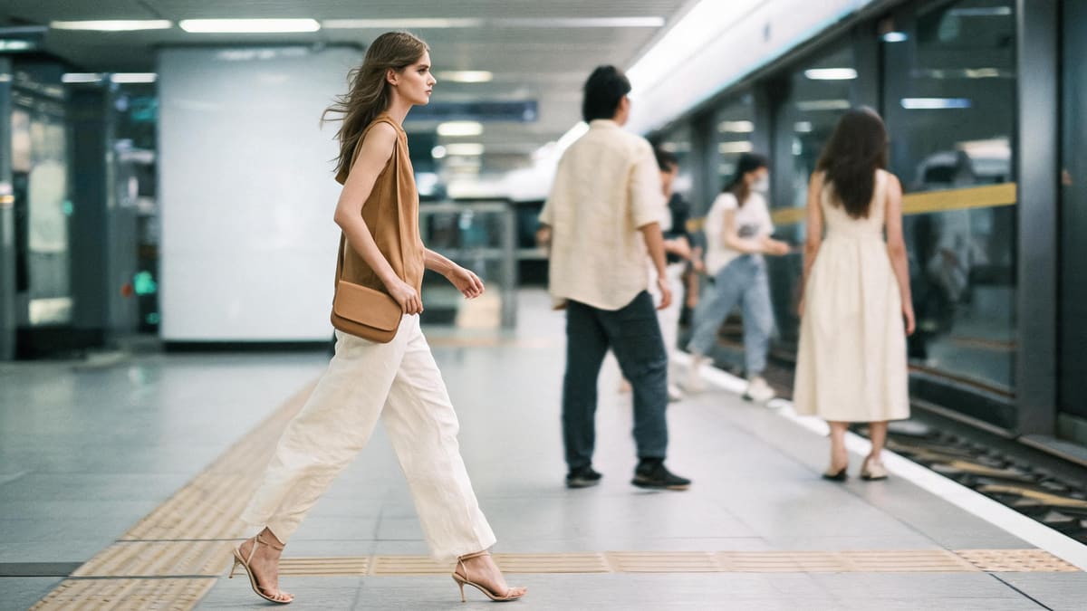 An elegant commuter stepping onto a clean Shanghai metro platform, the ¥5 answer to a ¥55 taxi
