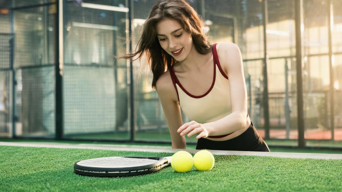 A padel racket and two yellow balls resting on the green surface of an indoor court in Shanghai