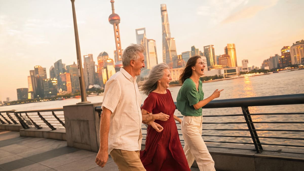 An older couple and their adult daughter together on the Bund promenade, the Shanghai skyline behind them
