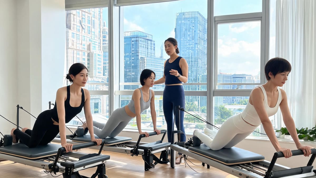 A small reformer pilates group class with an instructor in a Shanghai studio