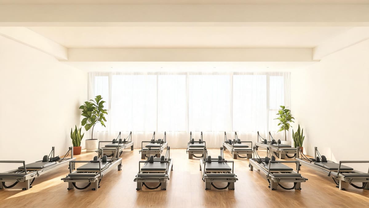 A bright minimalist pilates studio with a row of reformer machines