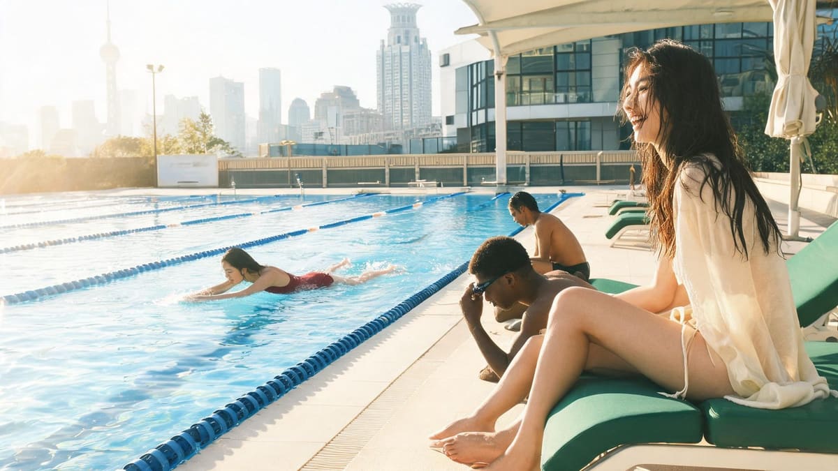Outdoor municipal swimming pool with lane ropes and swimmers in summer Shanghai