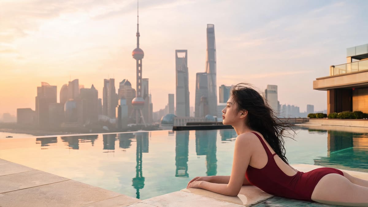 Rooftop hotel swimming pool with the Shanghai skyline at golden hour