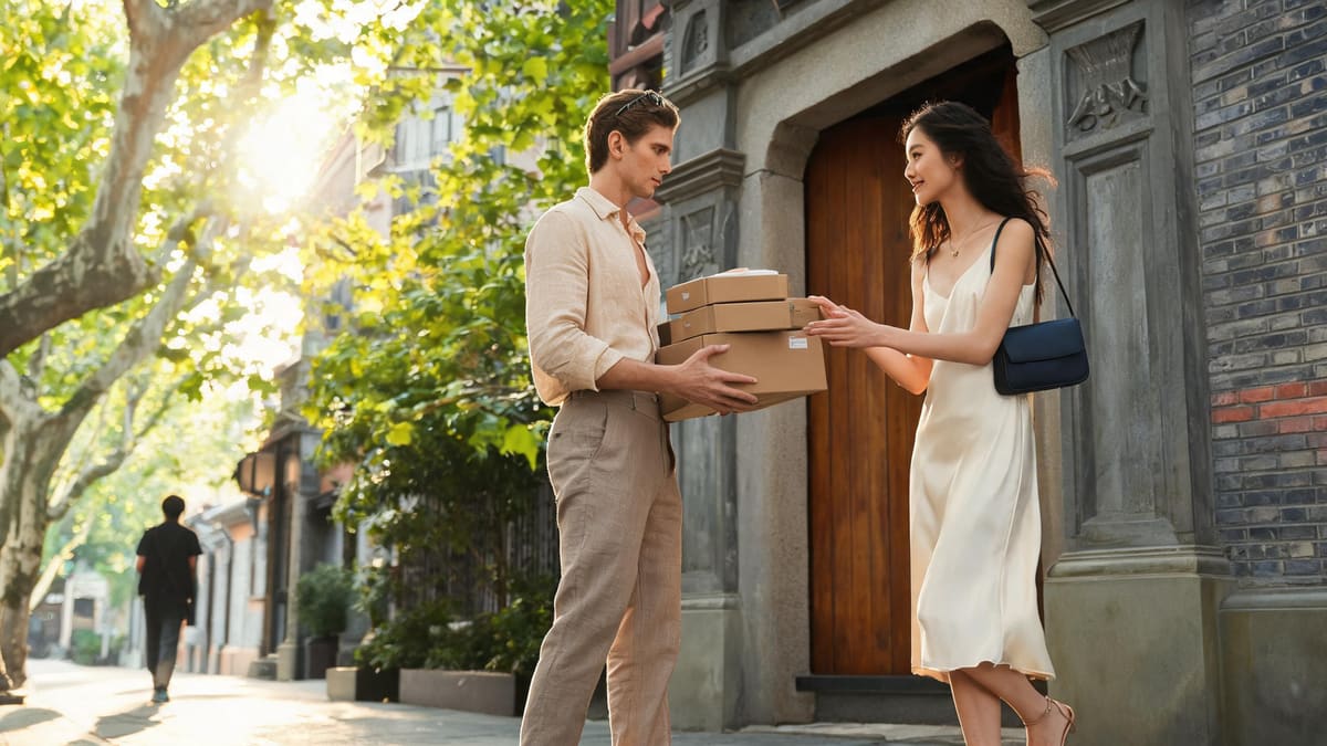 A courier handing over parcels at a Shanghai lane doorway