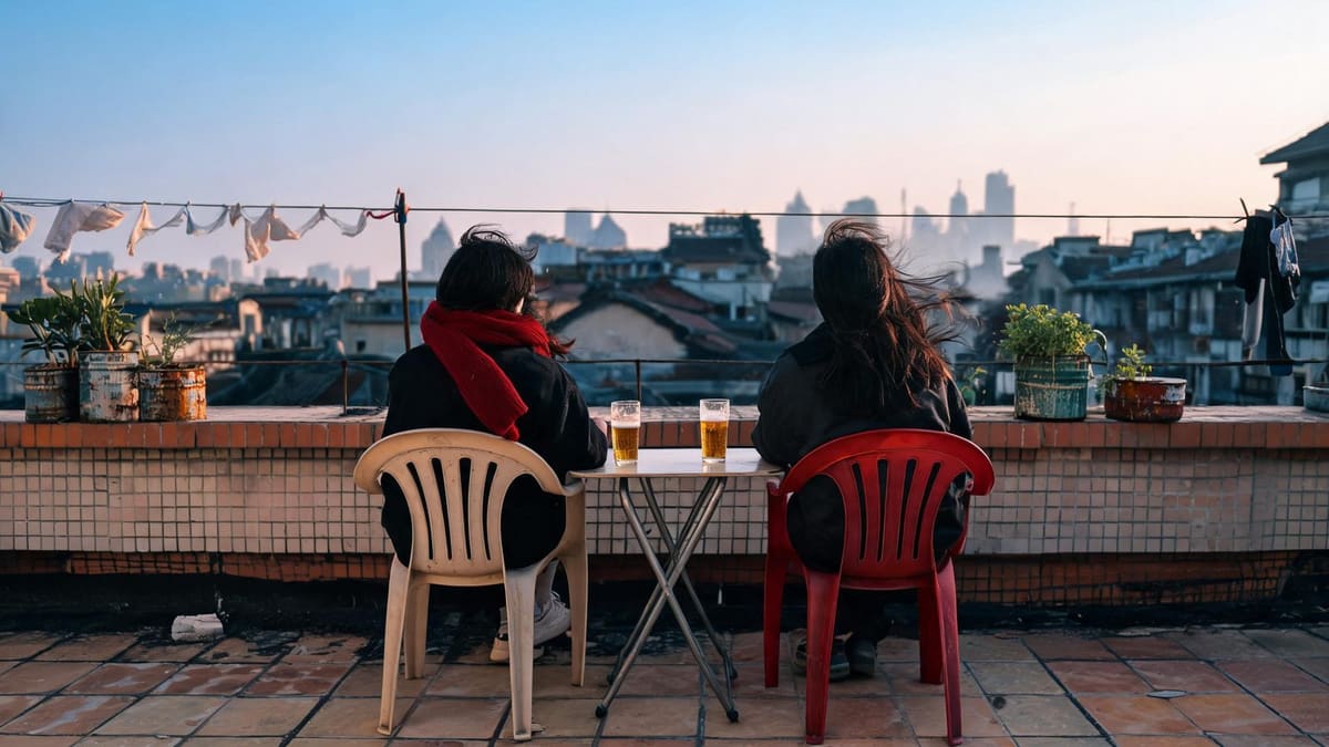Two travellers with cheap beers on a plain hostel rooftop in the old city at dusk 黄昏时分,老城区青旅天台上两位旅人和两杯便宜啤酒